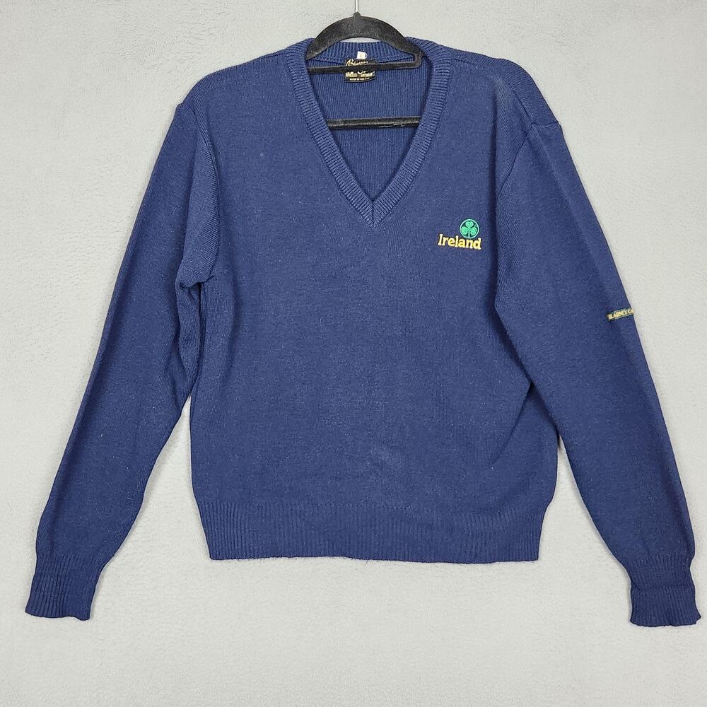 Blarney Castle Sweater Mens Large Blue Acrylic V Neck Ireland Shamrock Knit